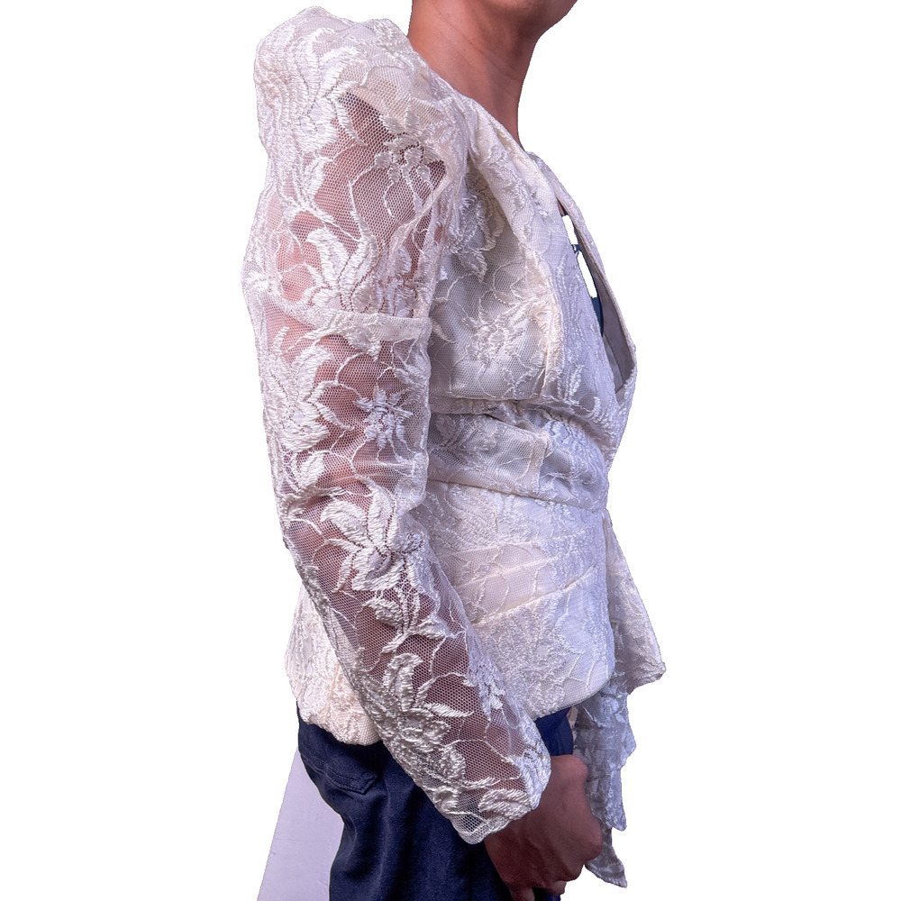 Vintage Lace Peplum Blouse Ivory Romantic Bridal Cottagecore Puff Sleeve Top - Picture 16 of 16